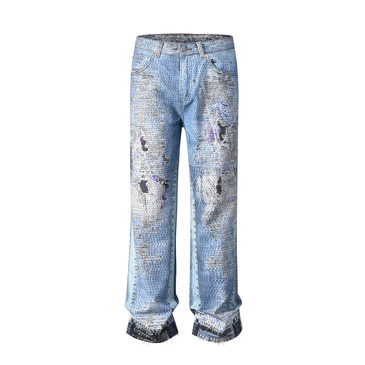 High Street Straight Washed Dirty Ripped Blue Jeans Pant For Men Vintage Casual Loose Denim Trouser Frayed Patchwork Cargo