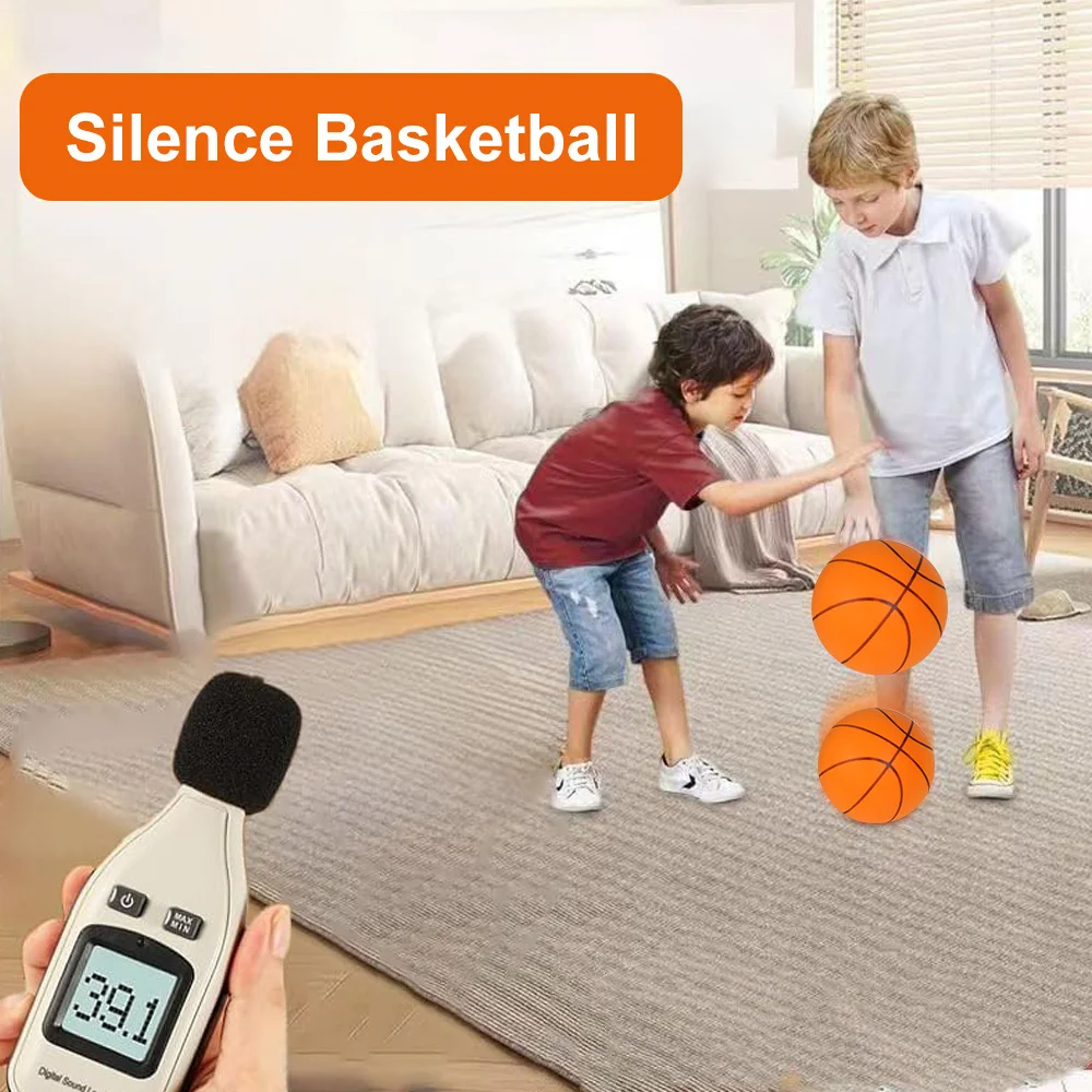 Low-decibel basketball ball with soft bounce for quiet family play