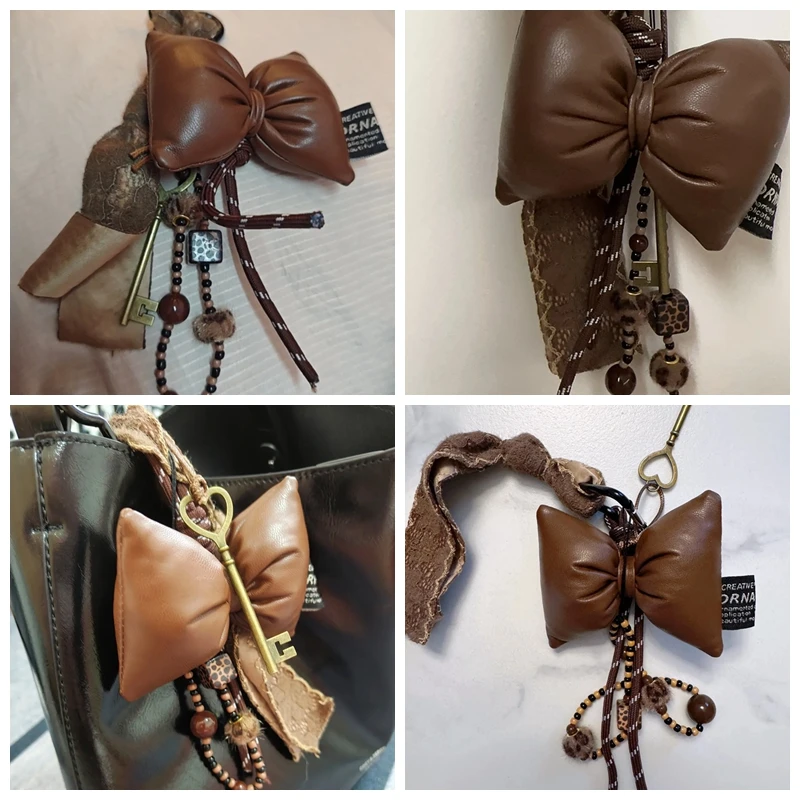 Vintage Brown Leather Bow Key Pendant Fashion Lace Ribbon Keychain Beading Braided Lanyard Key Ring Suitable for Women Bag