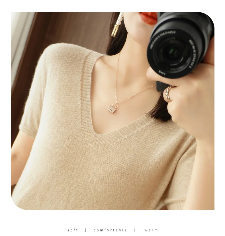 New Spring Summer Cashmere  Sweater Short sleeve V-Neck Pullover Casual Knitted Short sleeve Sweater cropped sweater