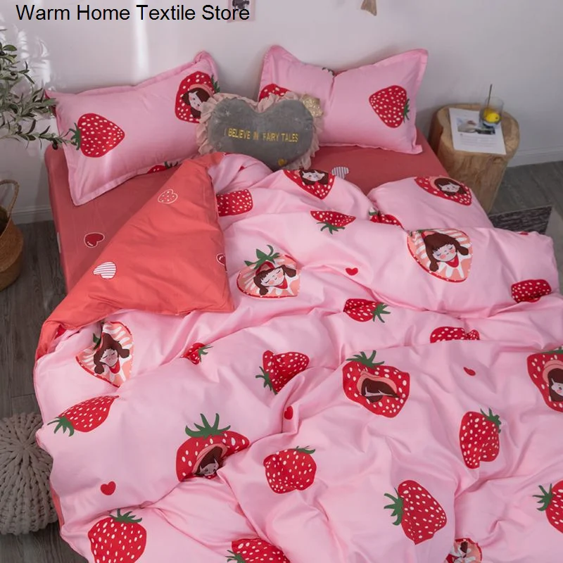 

Ins Red Strawberry Cute Duvet Cover Flat Bed Sheet With Pillowcases Floral Twin Full Size Bear Bed Linen Boys Girls Bedding Set