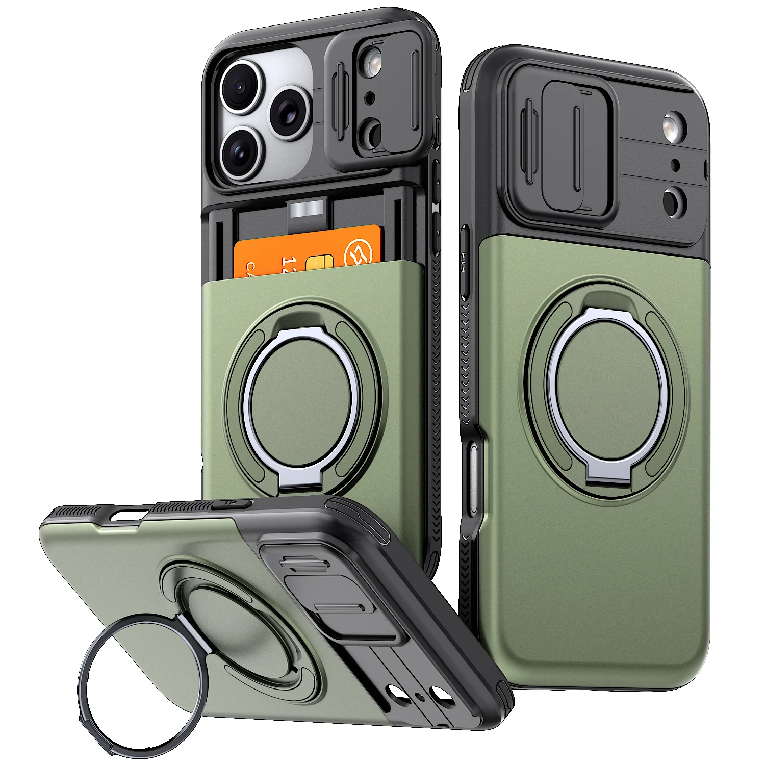 Enhanced Armor Case with Slide Camera Protector, Magnetic Ring Holder, and Card Cover