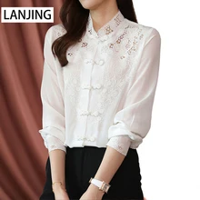 

Silk shirt women's summer new retro button embroidery hollow satin mulberry silk top plus size women O-Neck vintage