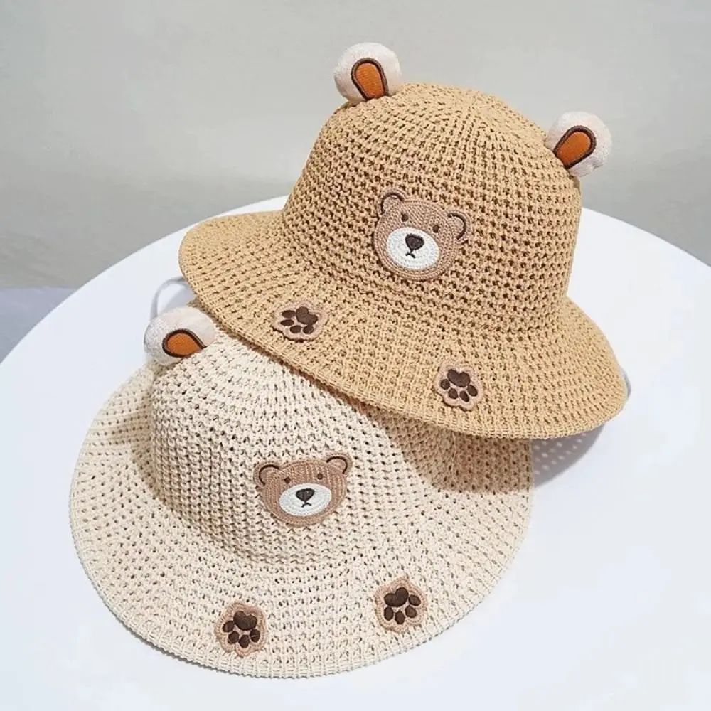 

With Lacing Children Sun Hats Cartoon Bear Pastoral Style Kids Beach Caps Sunshade Vacation Straw Hat Girls And Boys