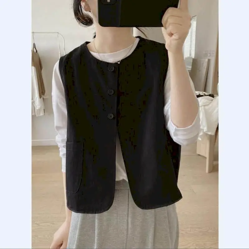 

Sleeveless Vest for Women Tops Cotton Single Breasted Korean Fashion Solid Casual Loose Tanks O-neck Cardigans Women Clothing