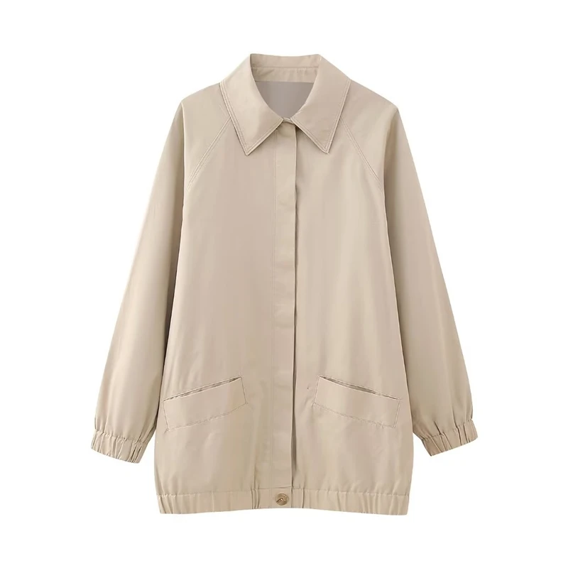 

Lapel Long Sleeve Loose Casual Long Bomber Jacket, Fashion Versatile Single Breasted Coat, New Ladies Clothes
