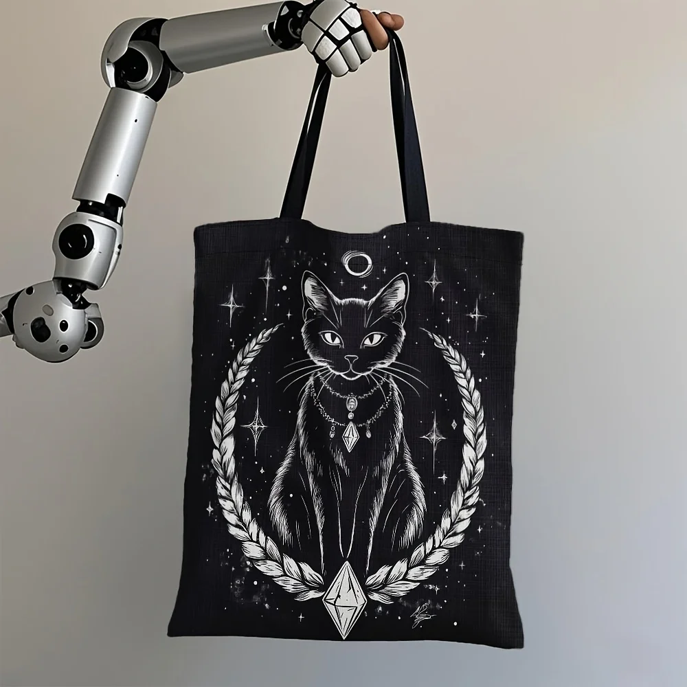 Sac à main cabas élégant chat noir et lune croissant nuit étoilée_voghion.com