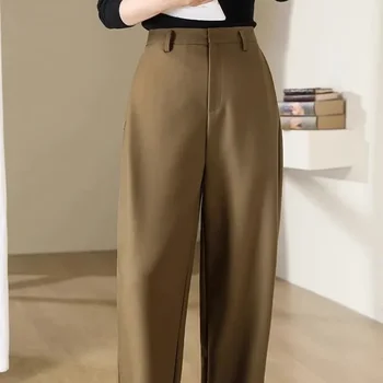 Pantaloni Halun larghi a vita alta solidi da donna autunno e inverno Bottoni Pieghe di lana Pantaloni casual per pendolari alla moda 1