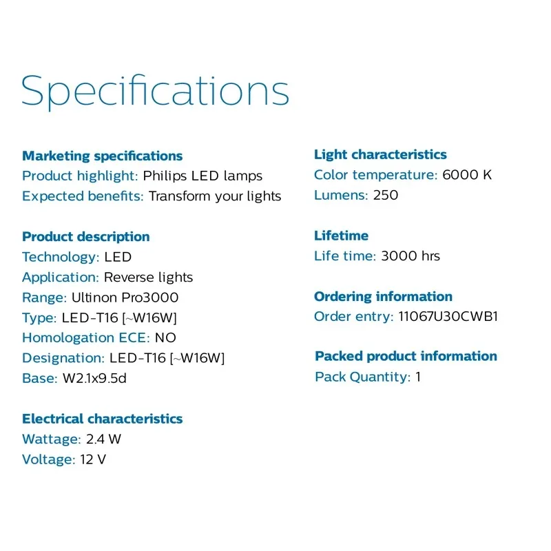 �ʸ��� LED Ultinon Pro3000 T16 W16W 6000K ��� ���� ���õ� �ڵ��� ������ ���� LED Indlcator ���� �Ȱ� ���� 11067U30CWB1(1PCS