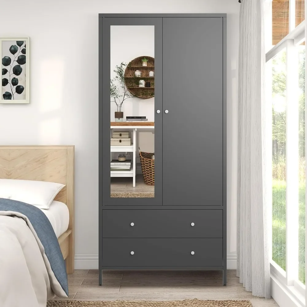 Metal Armoire Wardrobe Closet with 2 Drawers, Mirror Door and Hanging Rod, Metal Clothing Storage Cabinet, Wardrobes 4