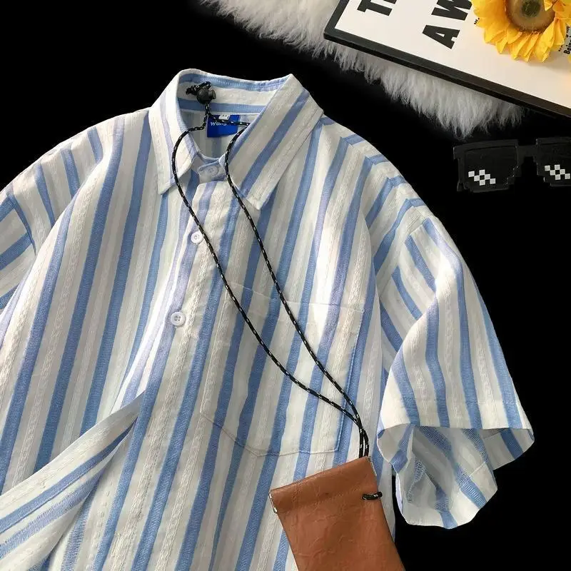

Extra large size blue and white striped shirt for men and women summer retro handsome short sleeved loose jacket trendy brand