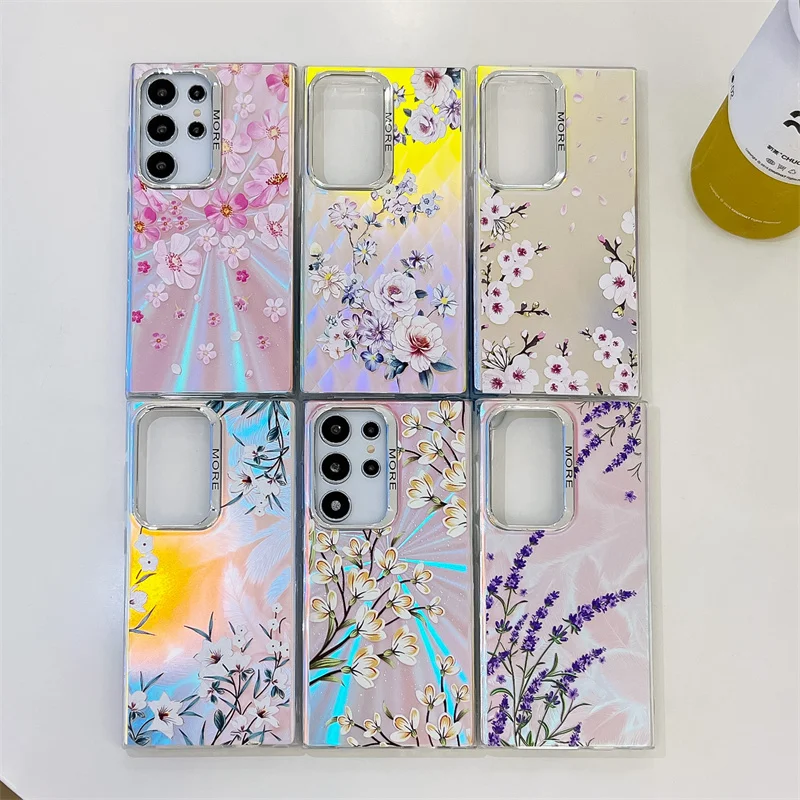 Coque de téléphone à motif de fleur laser pour Samsung Galaxy S25 A14 A15 A55 A54 A25 A35 A34 S23 FE S24 Plus S22 Ultra Hard PC Matte Back Cover_voghion.com