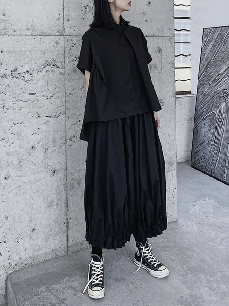 [EAM] High Elastic Waist Black Brief Pleated Wide Leg Pants New Loose Fit Trousers Women Fashion Tide Spring Autumn 2026 1DF1103