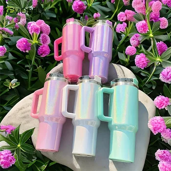 Tasse thermos en acier inoxydable de 40Oz, avec couvercle à poignée et paille isolée, peinture arc-en-ciel, tasse de voyage pour boissons chaudes et froides en plein air 1