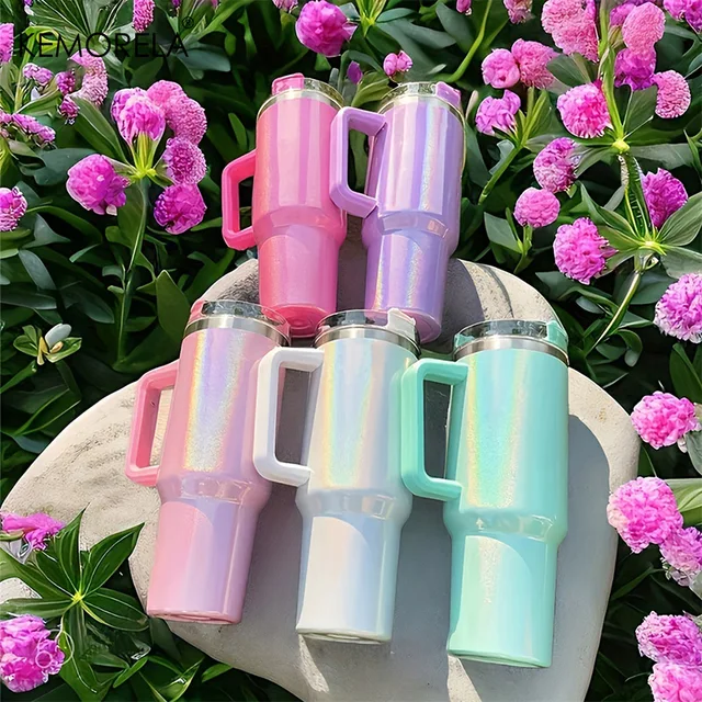 Tasse thermos en acier inoxydable de 40Oz, avec couvercle à poignée et paille isolée, peinture arc-en-ciel, tasse de voyage pour boissons chaudes et froides en plein air 1