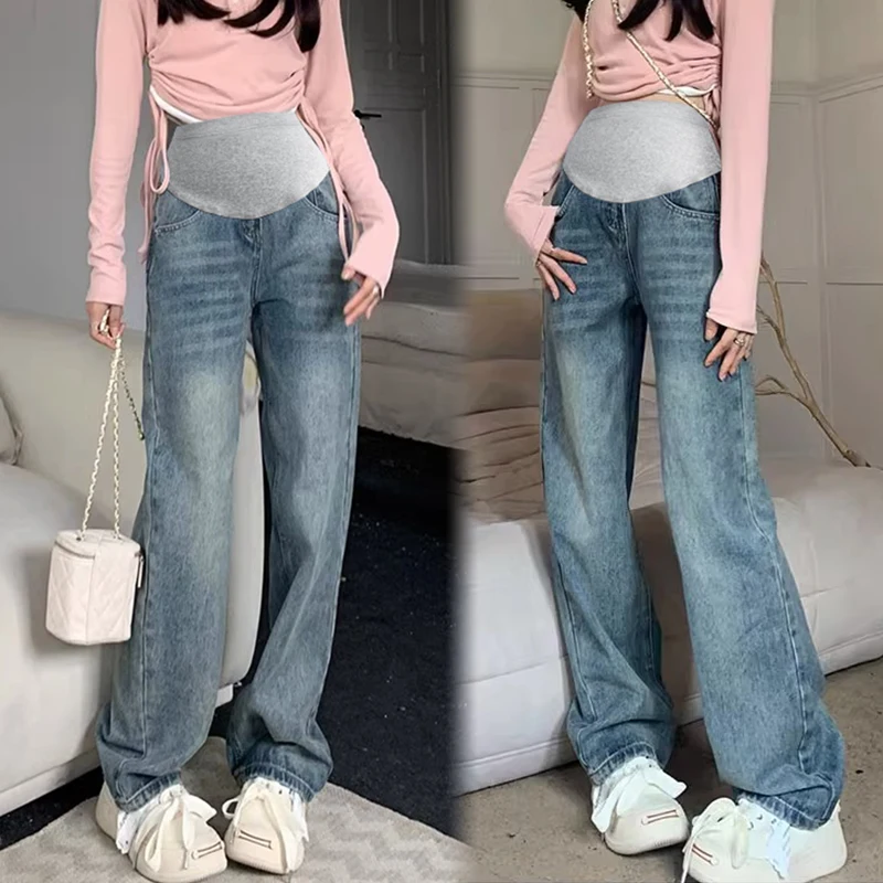 2023 Fashionable Loose Straight Legs High Waist Pregnant Women's Denim Pants Autumn Plus Size Maternity Jeans Wide Legs Trousers