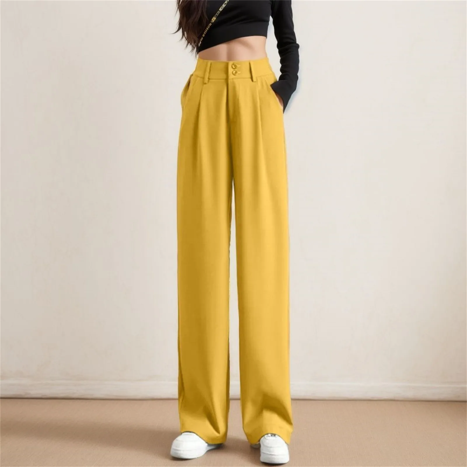 2024 Spring Summer Wide Leg Pants Women Casual High Waist Korean Fashion Office Ladies Elegant Black Straight Suit Trousers