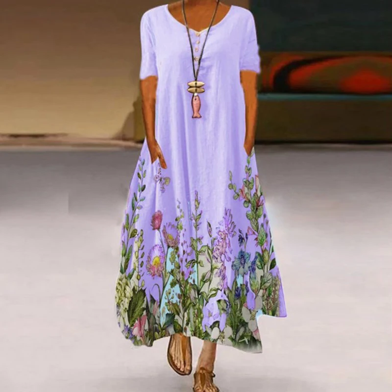 

Casual Loose Print Floral Long Dress For Women Fashion Summer Round Neck Short Sleeve Button Sundress Elegant Robe Dress Female