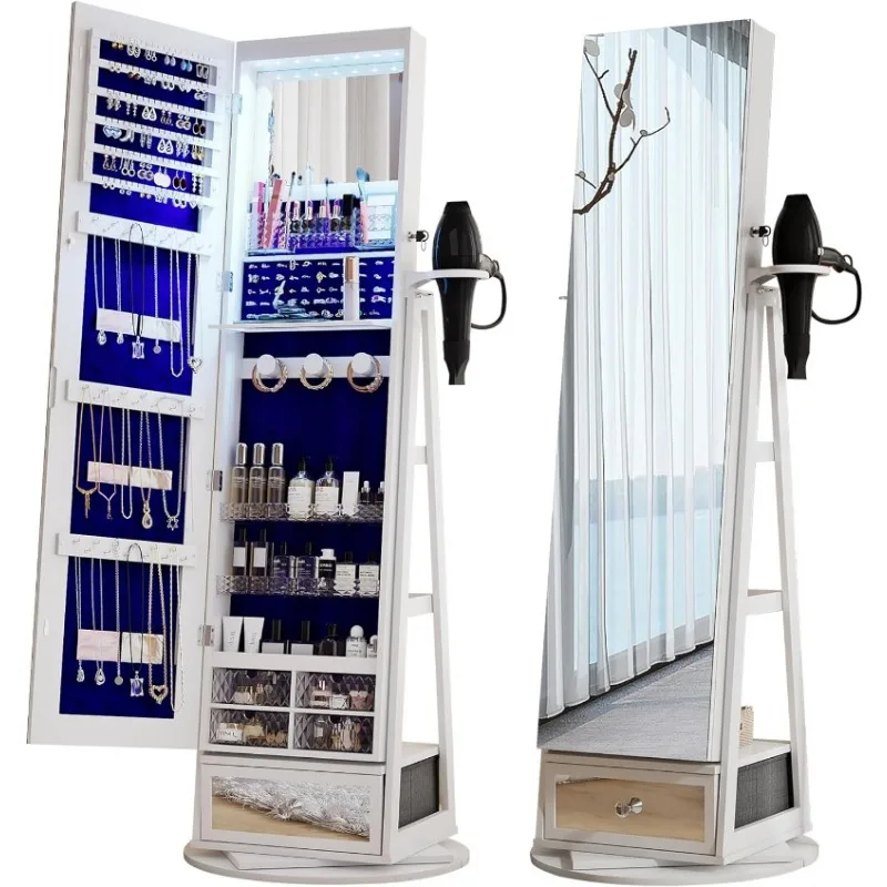 

360° Swivel Standing Jewelry Cabinet with Lights - Rotatable Standing Jewelry Armoire Organizer with Foldable Makeup Shelf