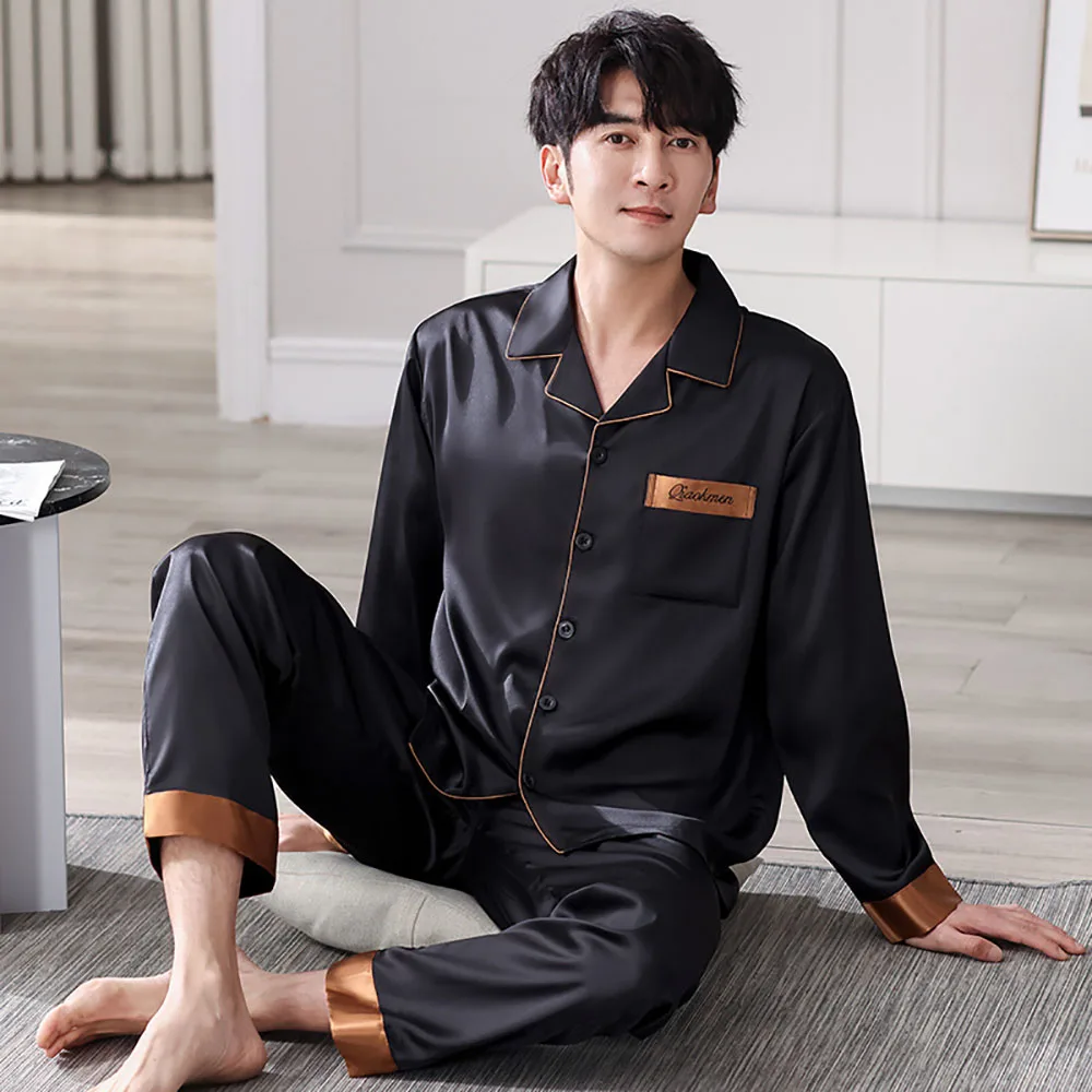 L-4XL Big Size Silk-like Solid Sleepwear For Sleeping Spring Autumn 2024 Breathable Cool Pajamas Set Loose Smooth Pijama Hombre