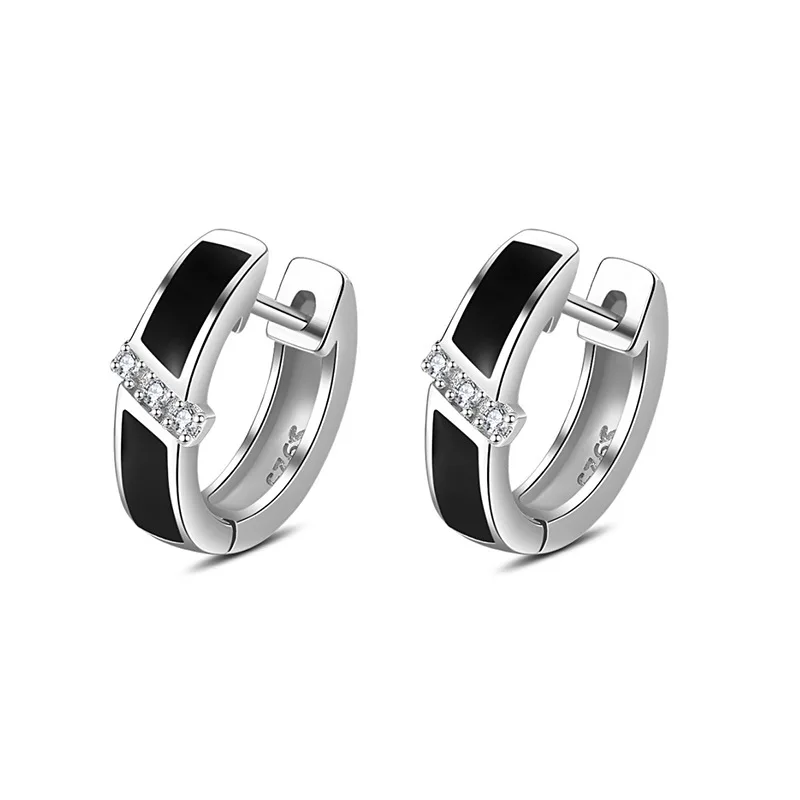 925 Sterling Silver Vintage Black Enamel Crystal Hoop Earrings For Women Girls Wedding Engagement Fashion Jewelry 2