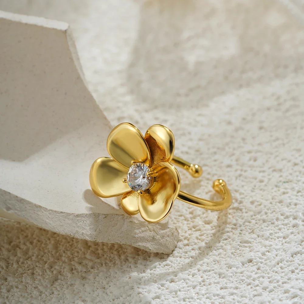 Charm Metal Petal Zircon Opening Rings for Women Stainless Steel 18K Gold Plated Flower Wedding Ring Unique Jewelry Accessories