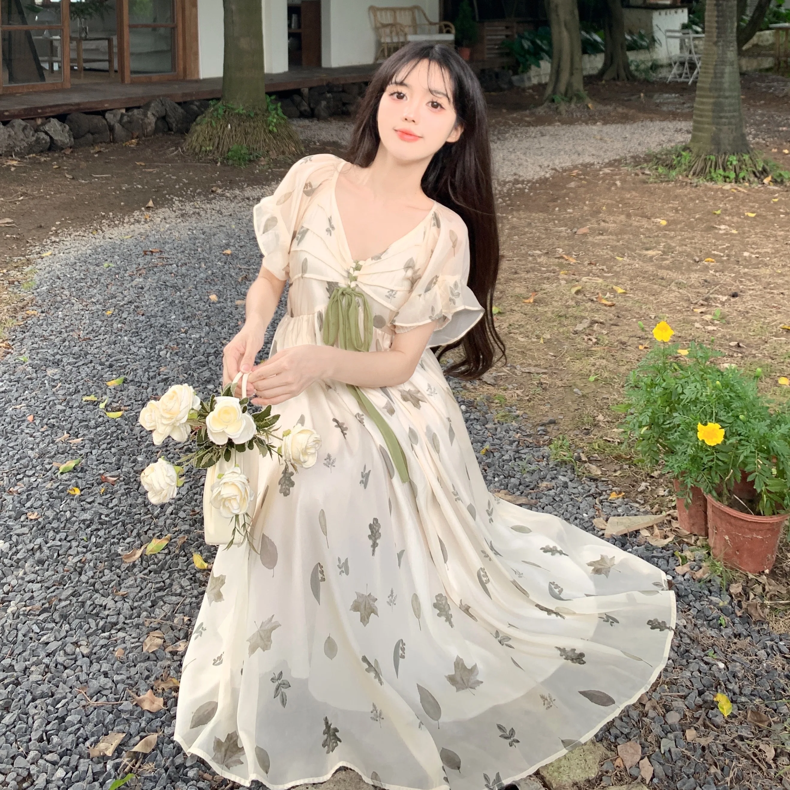 

2023 New Summer Tea Break French Ink Print Loose Size Dress Package Shipping