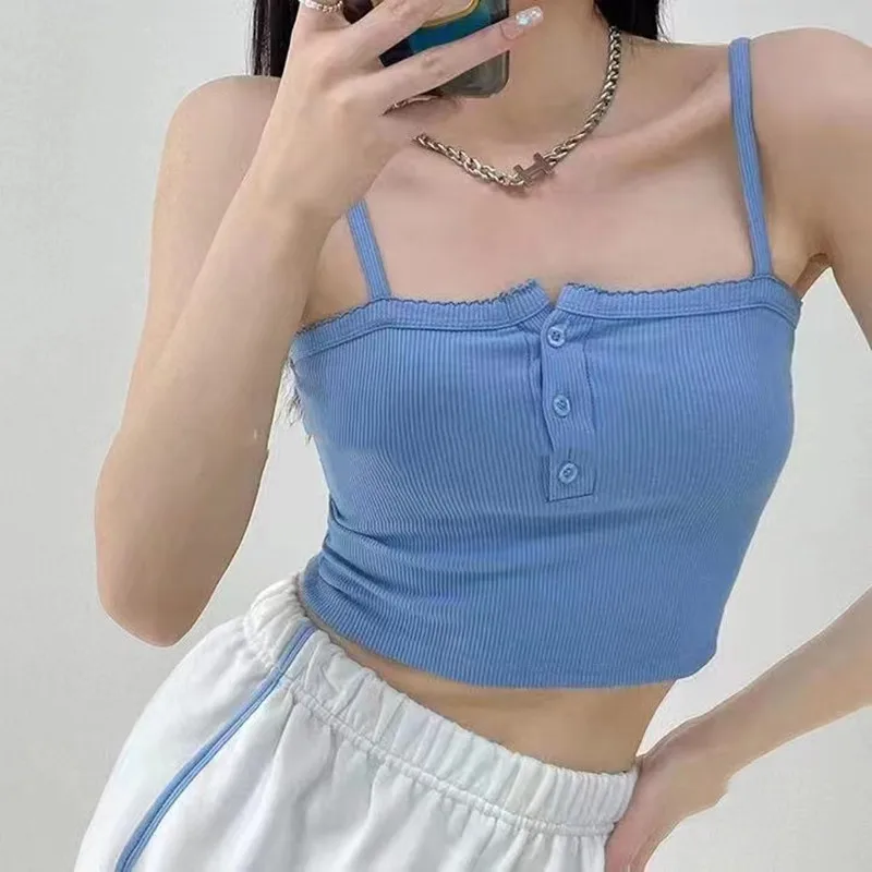 

Korean Summer Knitted Tank Top Single Breasted Suspender Camisole Women Crop Tops