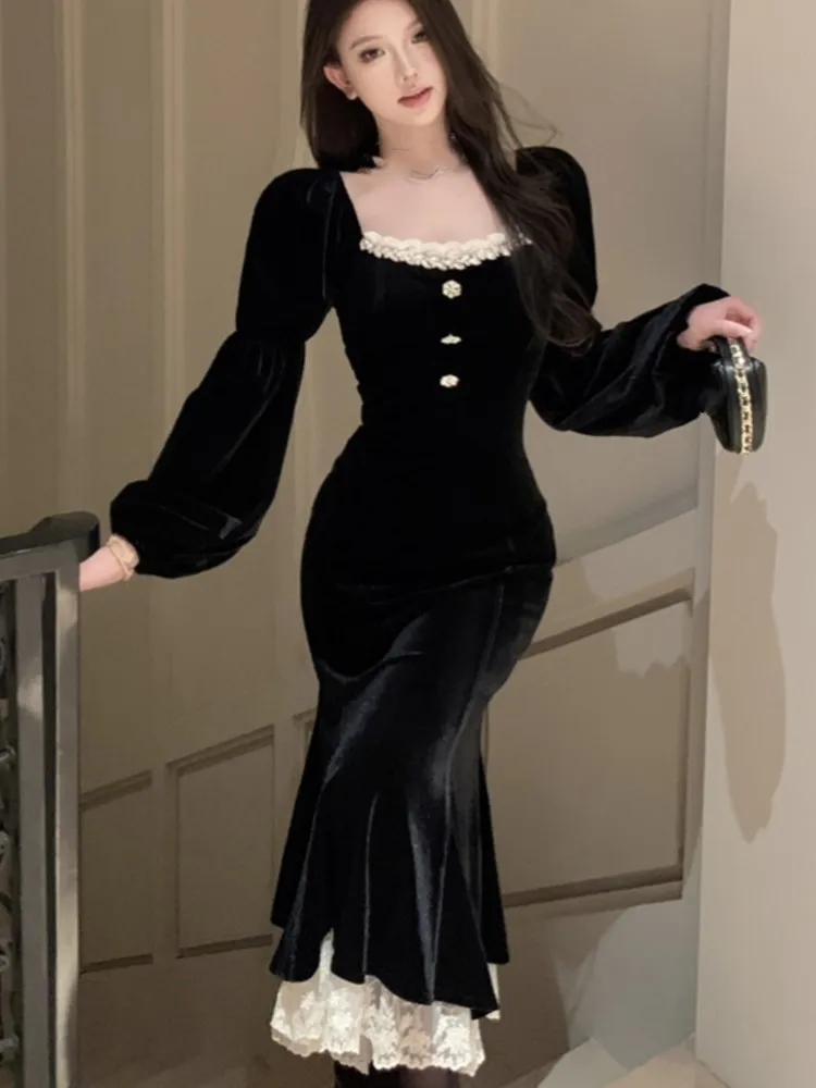 

Elegant Velvet Dress Women Slim Mermaid Lace Ruffles Patchwork Lantern Sleeve Square Collar Autumn Winter Evening Party Vestidos
