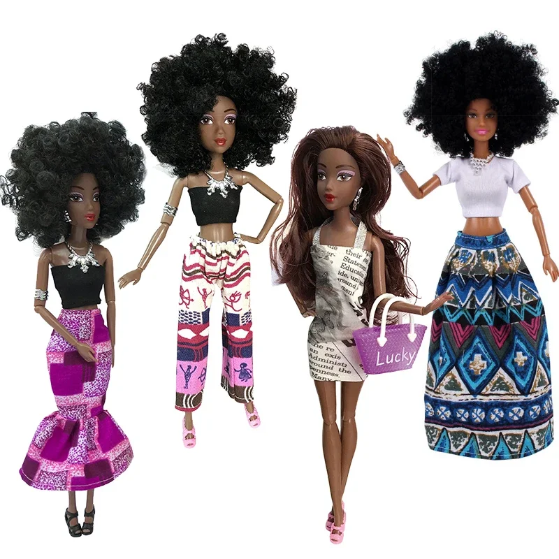 32Cm Moda Articolata Nera Barbie Bambola Skinn Corpo Scuro Con Stampa Etnica Vestiti Bambole Per Ragazze Africano Popcorn Acconciatura