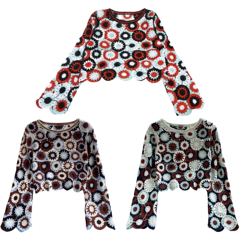 Vintage Crochet Knit Tops for Women Hollow out Crop Sweater Long Sleeves Neck Sunscreen Tops P8DB