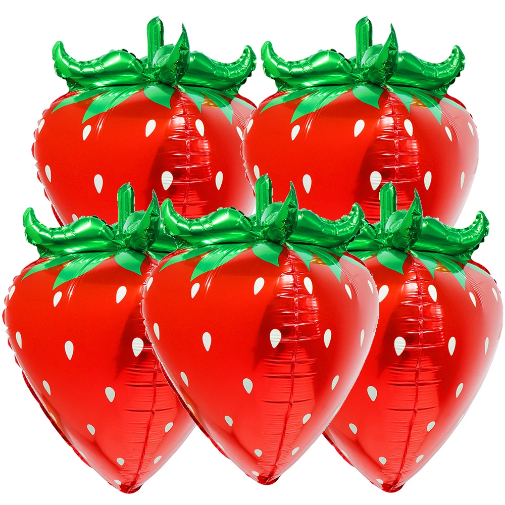 5 Stück 4D-Erdbeer-Luftballons, süße Frucht-Folienballons für Babyparty, Erdbeer-Themenparty, Geburtstagszubehör, Hochzeitsdekorationen