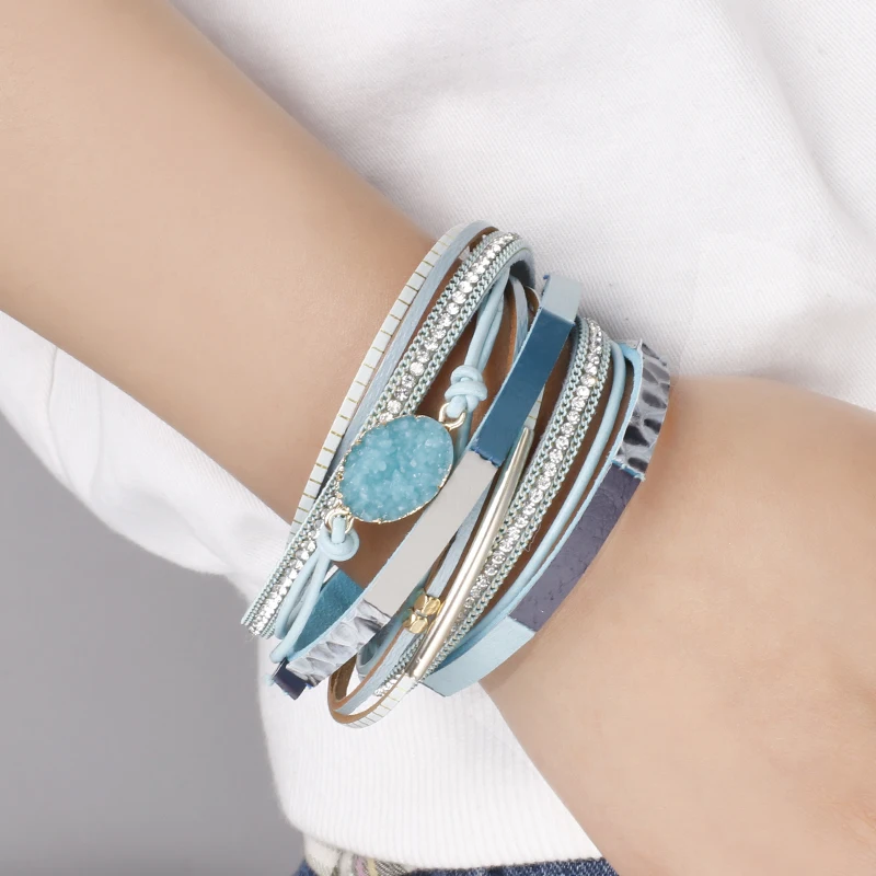Leather Braided Bracelet Leather Bracelet Charm Bracelet Multilayer Genuine Leather Bracelets for Women Men Fashion Boho Resin Charm Rhinestone Chain Wrap Bracelet Femme Jewelry