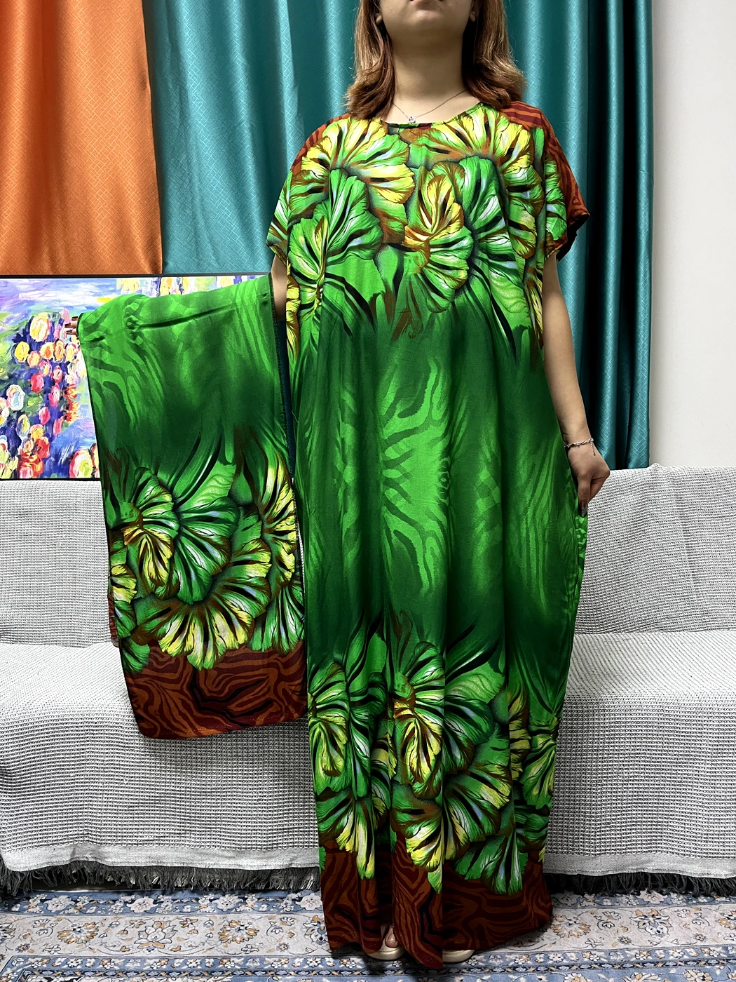 Abayas For Women Printed Flower Cotton Loose Caftan Marocain Femme Robe Muslim African Islam Nigeria Turkey Dresses With Turban