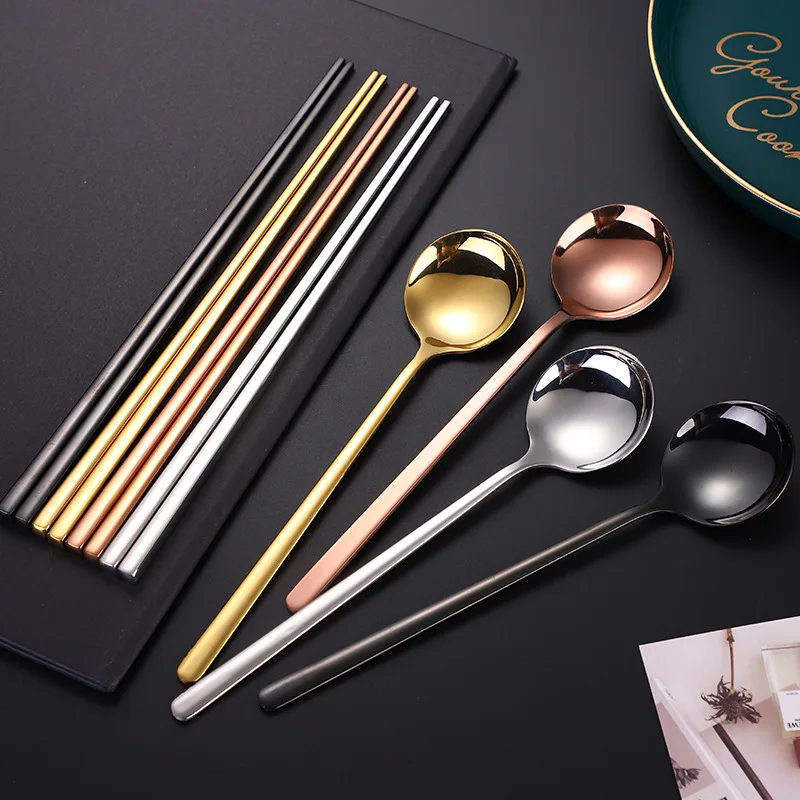 Korean 304 Stainless Steel Long Handle Chopsticks Round Head Spoon Solid Color Cutlery Set Home Tableware Kitchen Utensils