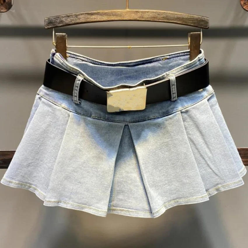 

2023 Summer Fashion Pleated Denim Skirts Women High Waist Elastic Mini With Safety