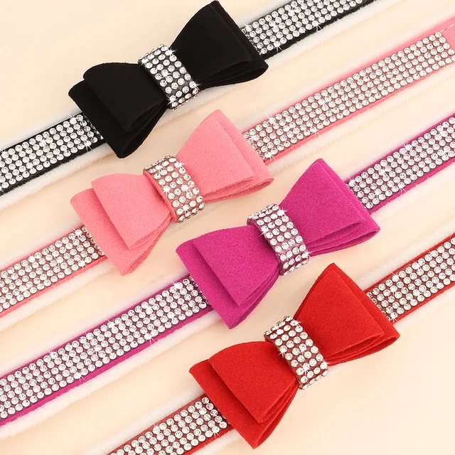 Bling Rhinestone Dog Collar Cute Bowknot Puppy Cat Collars Soft Padded Pet Necklace With Bowtie Warm For Small Dogs Chihuahua 5
