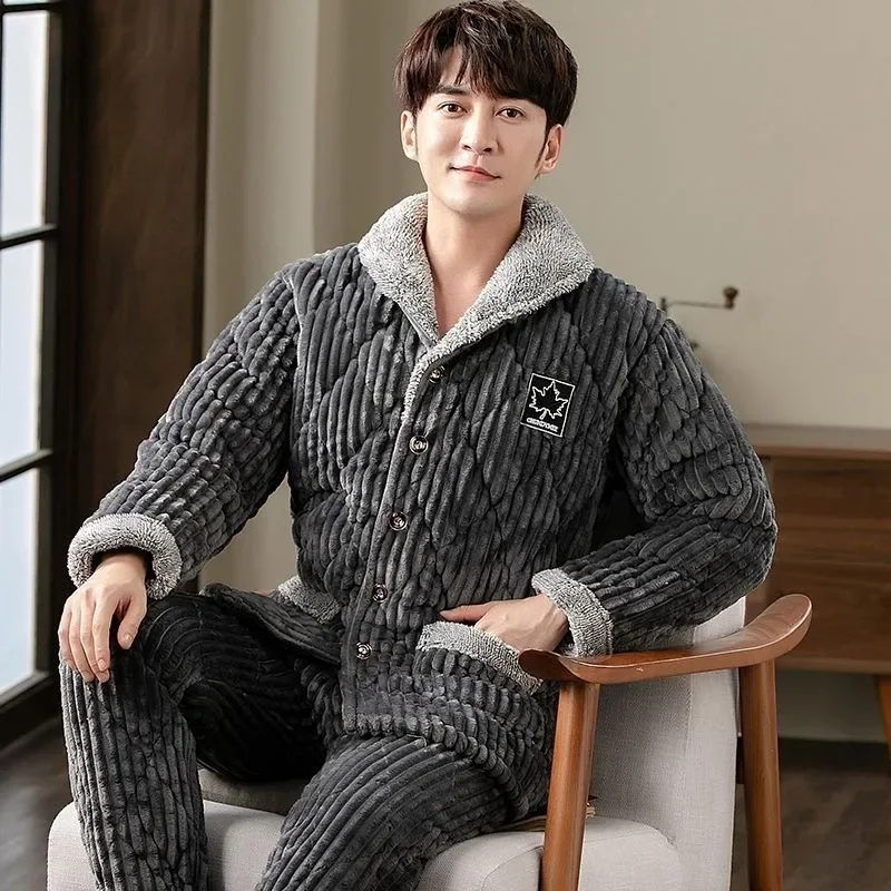 Sleepwear Men Winter Three-layer Cotton Sandwich Thickened Coral Velvet Home Suit Middle-aged Young Large Size Outer Flannel Set