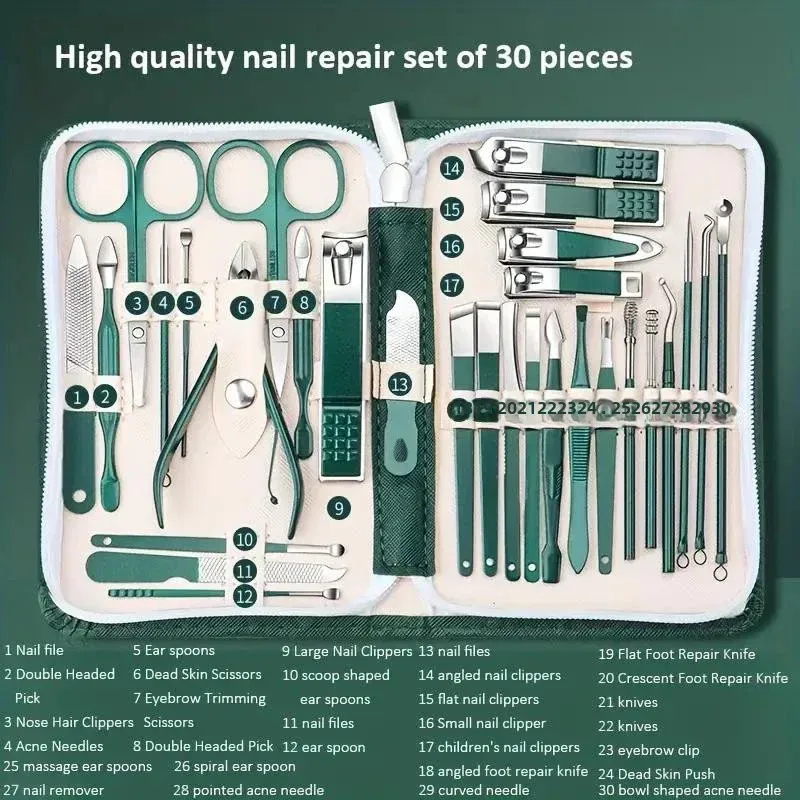 30pcs Professional Stainless Steel Nail Clipper Set Green Nail Tools Manicure  Pedicure Set of 30pcs Travel Grooming Kit 2