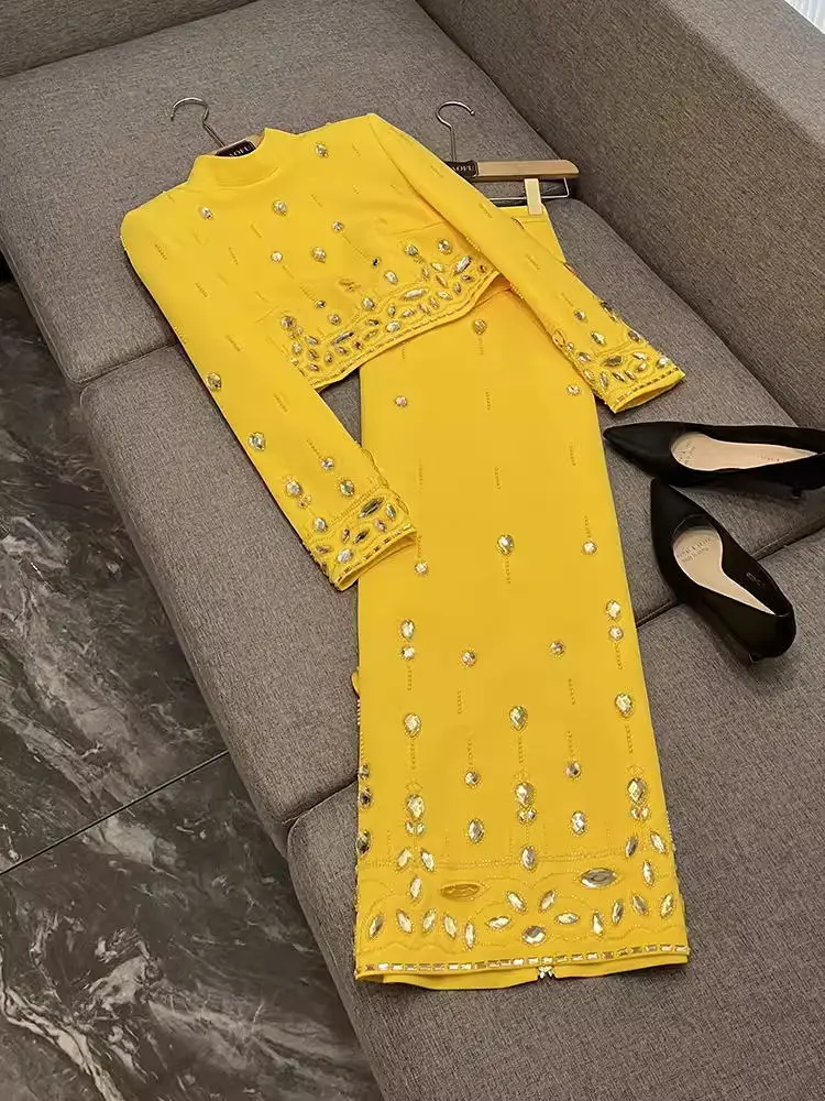 Handmade Beading Short Jacket Skirt Sets Outfits New Designer Long Dress Set White Black Yellow Slim Suits for Women Wedding