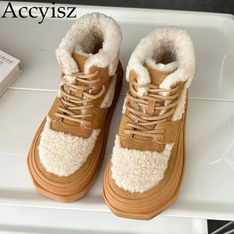 

Winter Comfort Warm Thick Heel Wool Linging Snow Boots Women Suede Round Toe Lace Up Platform Casual Shoes High Top Shoes Ladies