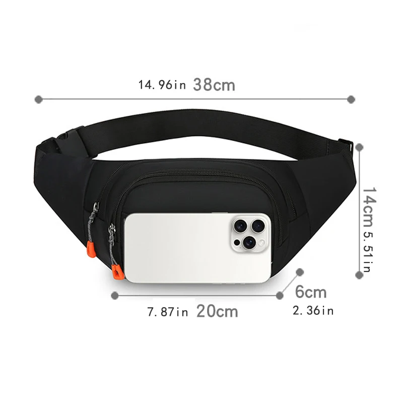 Men's waist bag - Black adjustable shoulder bag with multiple zip pockets, functional chest bag, casual style