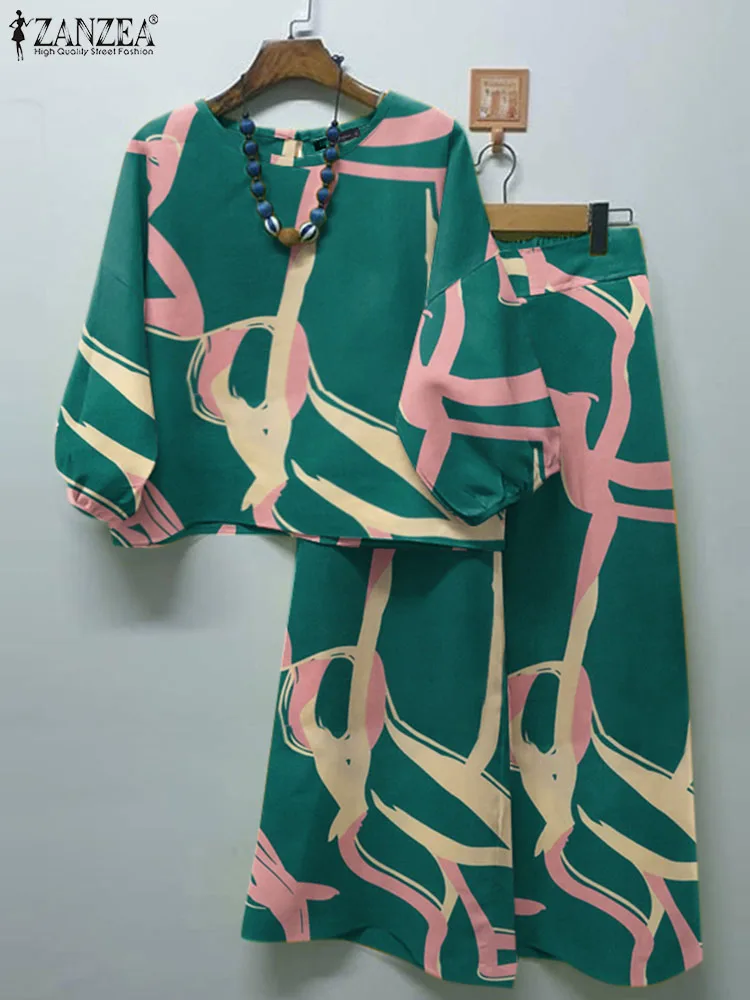 

ZANZEA Bohemian Floral Printed Suit 2PCS 3/4 Sleeve Blouse Loose Trousers Casual Street Urban Tracksuits Vintage Matching Sets