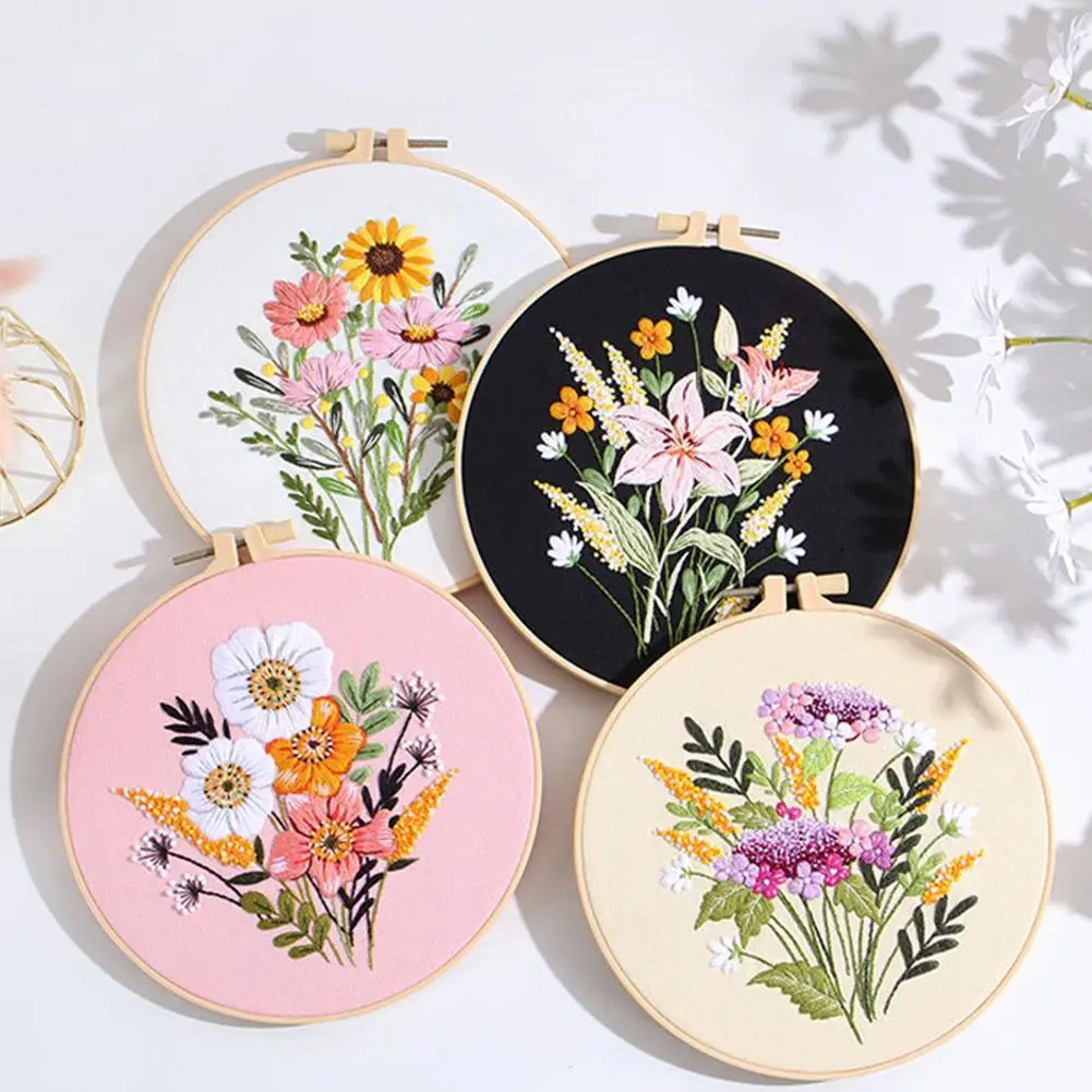 Embroidery Kits Beginners Hand Embroidery Colorful Flower Plant Diy Hoops Needles Threads Punch Needle