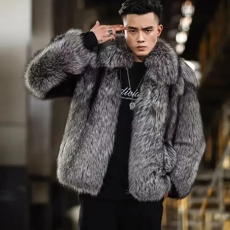 Faux Silver Fox Fur Coat Short Loose Cardigan Overcoat New Men Winter Thicken Warm Jacket  Leisure Fashion Outwear 3