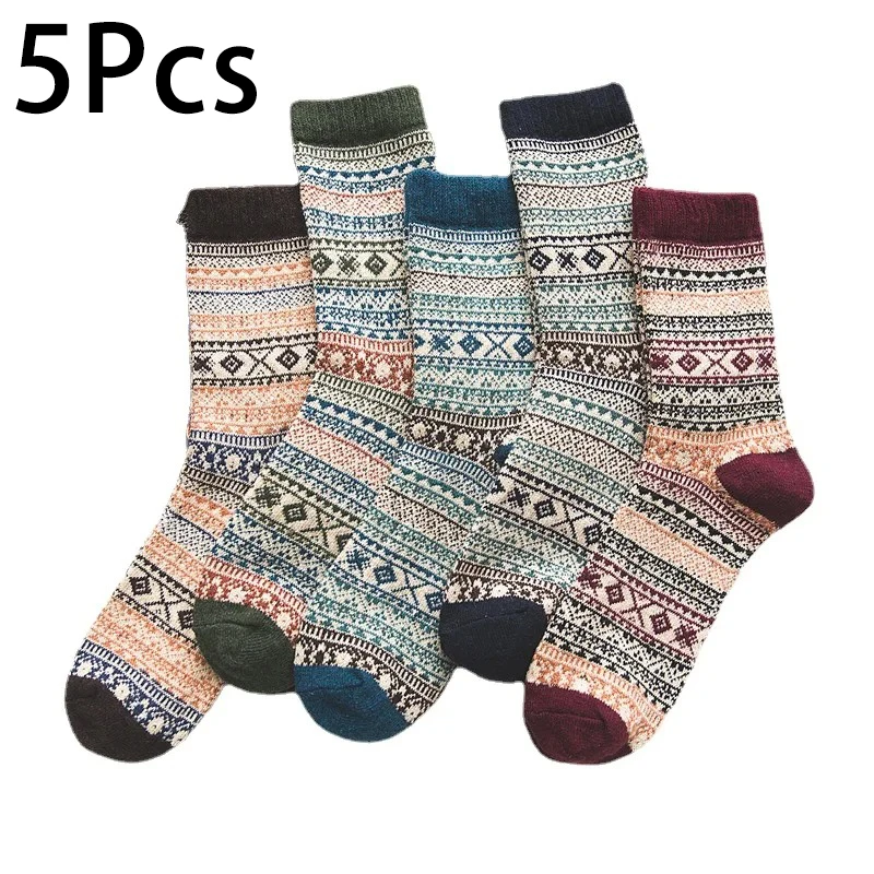 

5 Pairs Thick Men's Vintage Rabbit Wool Socks Sports Socks Autumn Lattice Winter New Fashion Casual Mid-Tube