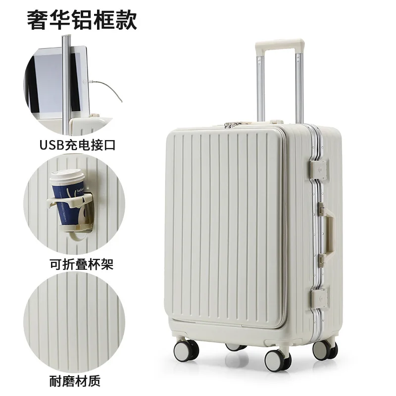 PLUENLI Multi-Functional Front Open Cover Aluminum Frame Luggage Portable Business Boarding Men's and Women's Trolley Suitcase