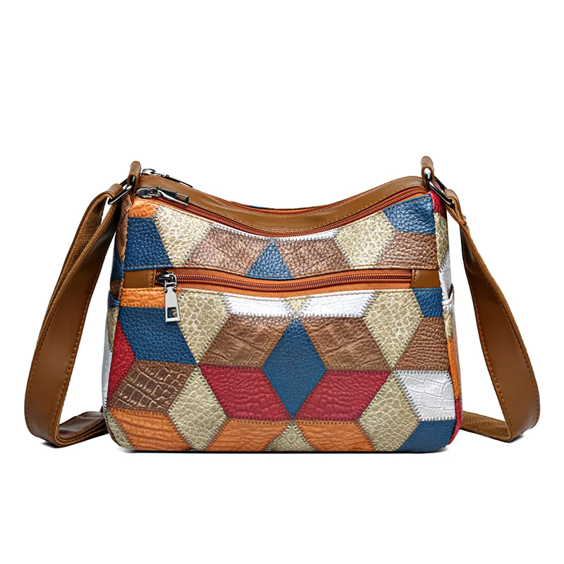 Elegant women's crossbody bag with geometric patterns, multi colored patch shoulder bag, and crossbody bag with multiple compart