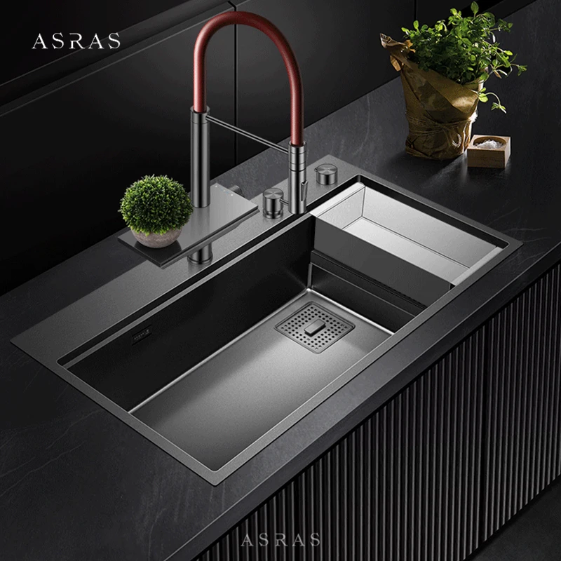 ASRAS New Waterfall Faucet Kitchen Sinks Nanometer Large Size 4mm Panel Handmade Sinks Cup Rinser Kitchen