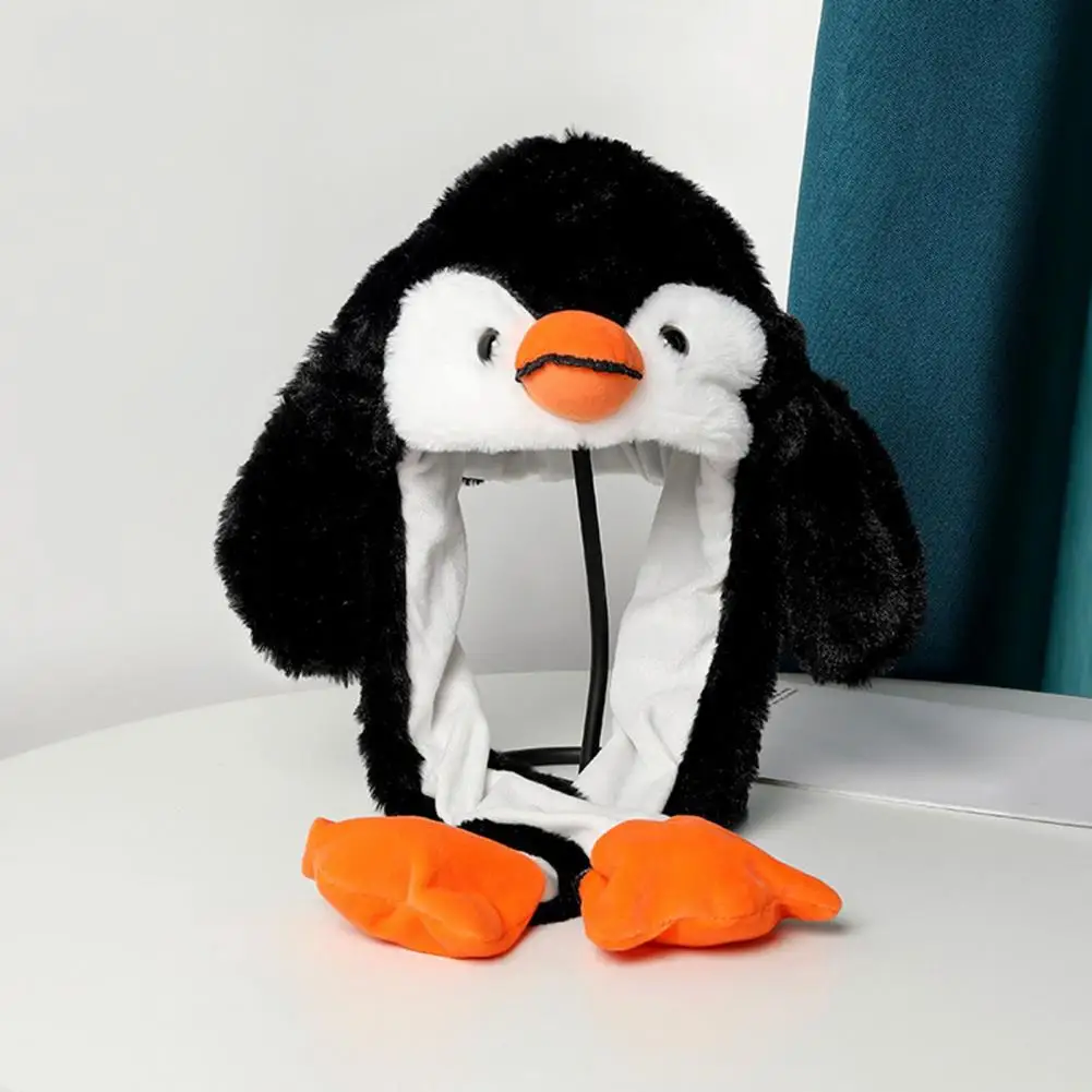 Cartoon Animal Hat With Jumping Ears Windproof BeanieCap Cosplay Penguin Panda Hat Rabbit Plush Can Moving Earflaps Movable Ears
